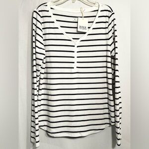 WOMENS NEW A.N.A. MEDIUM BLACK WHITE STRIPED 1/4 BUTTON FRONT LONG SLEEVE SHIRT